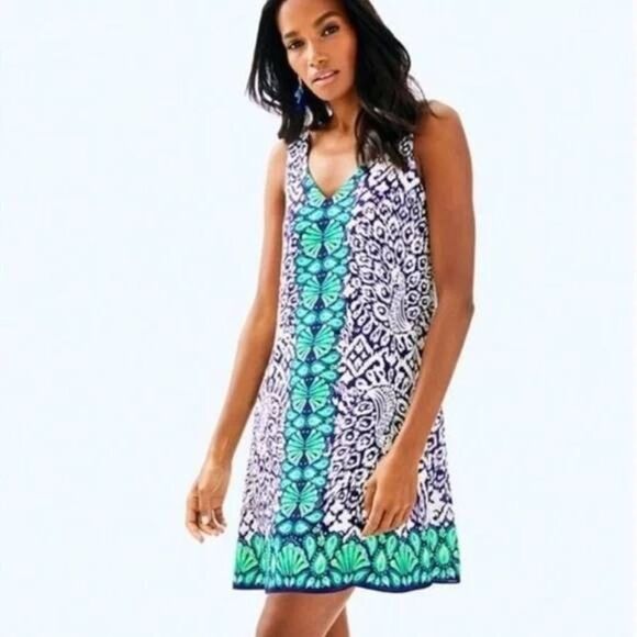 Lilly Pulitzer dress women xxs blue green white florin v-neck summer casual nwt - Picture 1 of 10